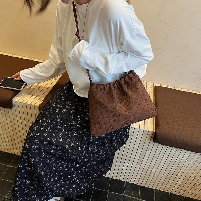 LEFTSIDE Luxury Handwoven Faux Suede Tote Bag – 2025 Autumn/Winter Casual Shoulder & Crossbody Bag for Young Women