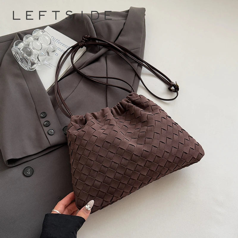 LEFTSIDE Luxury Handwoven Faux Suede Tote Bag – 2025 Autumn/Winter Casual Shoulder & Crossbody Bag for Young Women