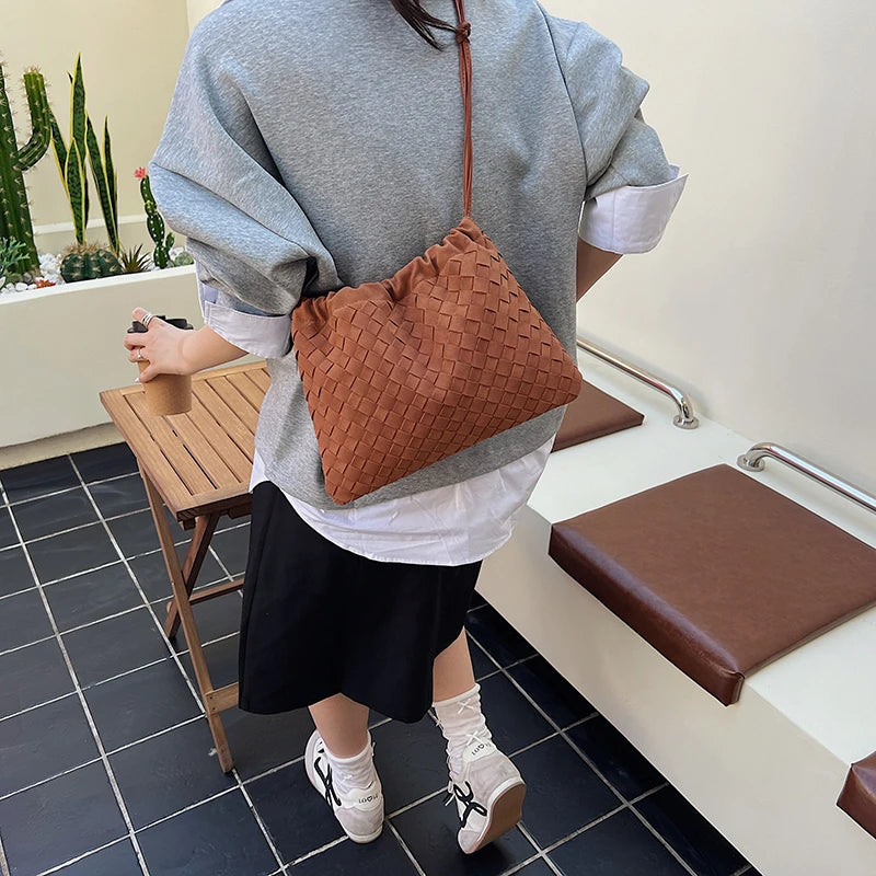 LEFTSIDE Luxury Handwoven Faux Suede Tote Bag – 2025 Autumn/Winter Casual Shoulder & Crossbody Bag for Young Women